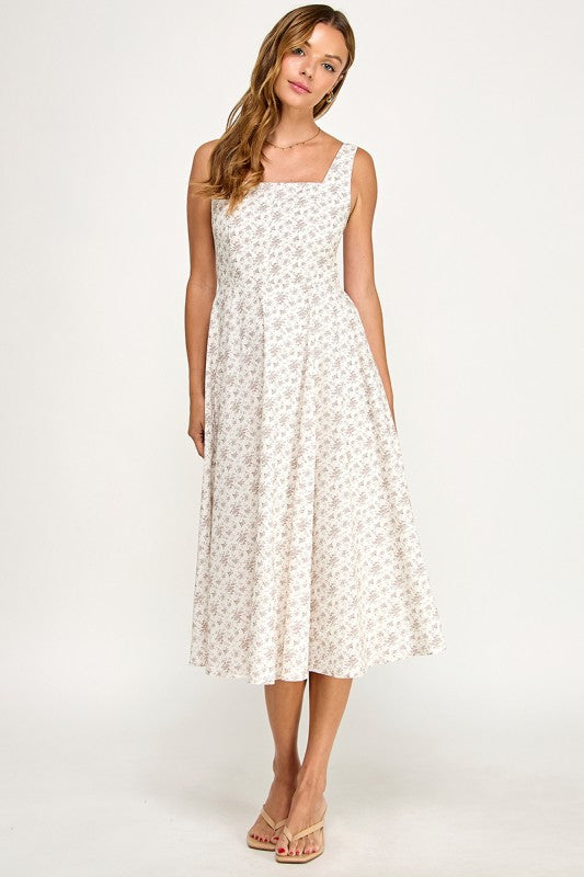 D5891S Floral Square Neck Flare Midi Dress
