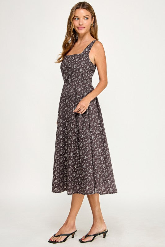 D5891S Floral Square Neck Flare Midi Dress