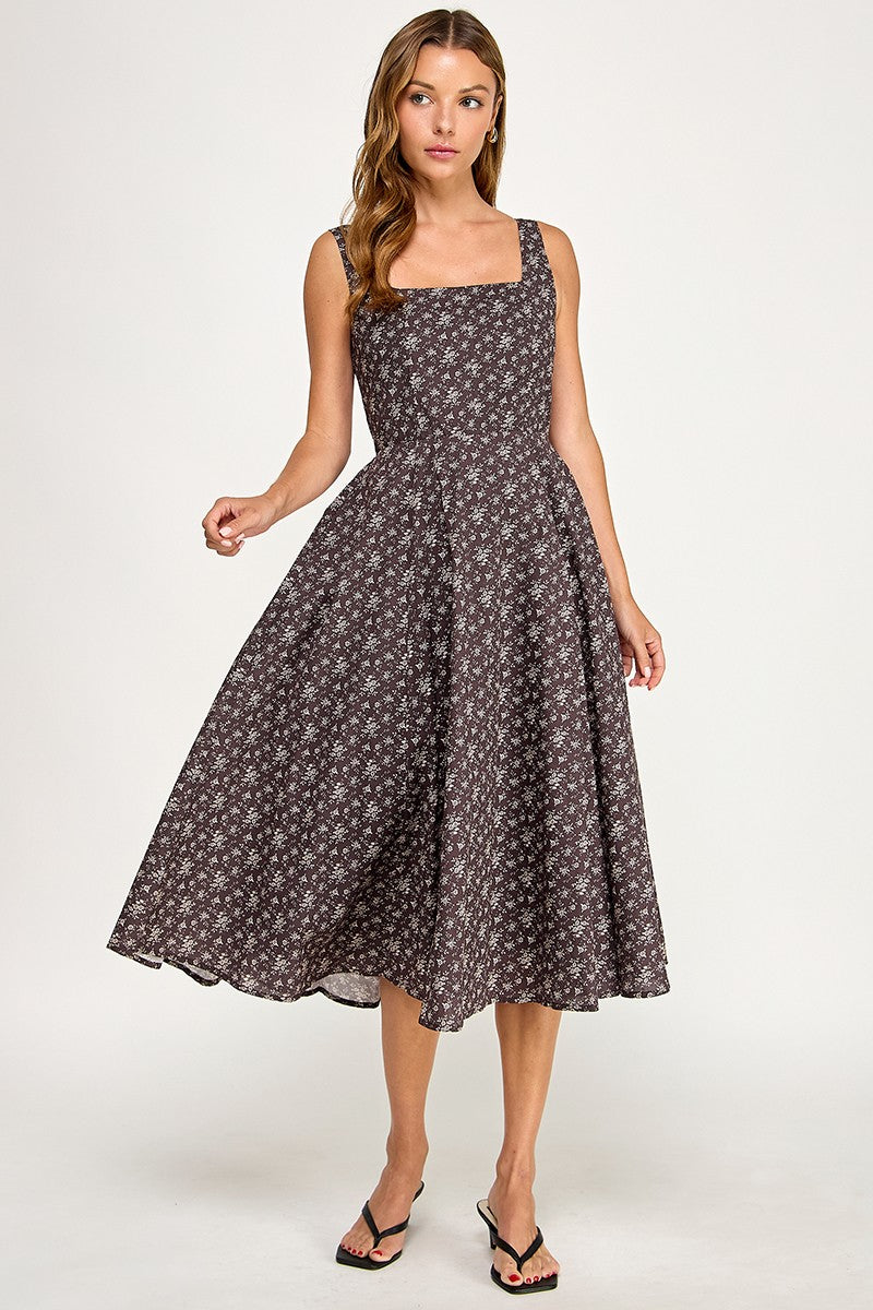 D5891S Floral Square Neck Flare Midi Dress
