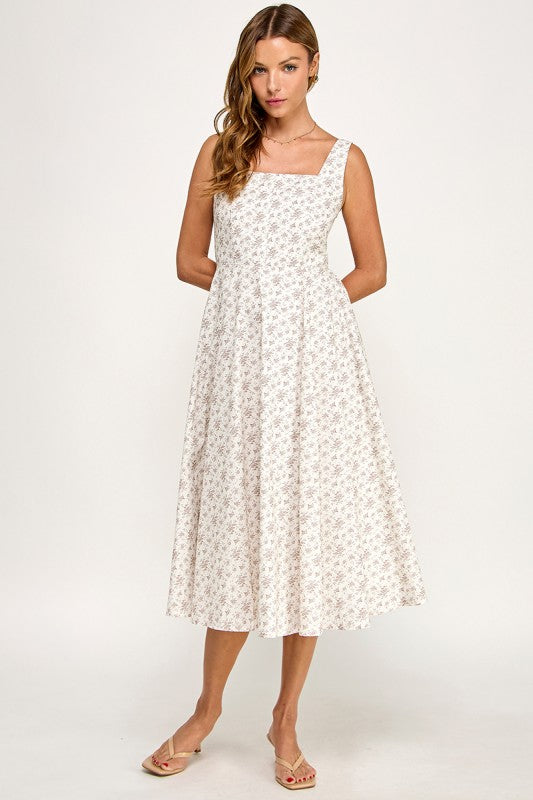 D5891S Floral Square Neck Flare Midi Dress