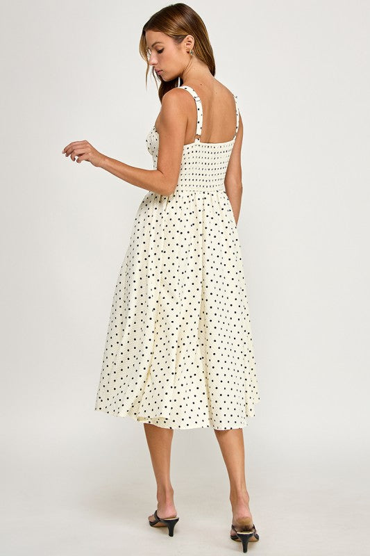 D5898S Poka Dot Smocked Midi Dress