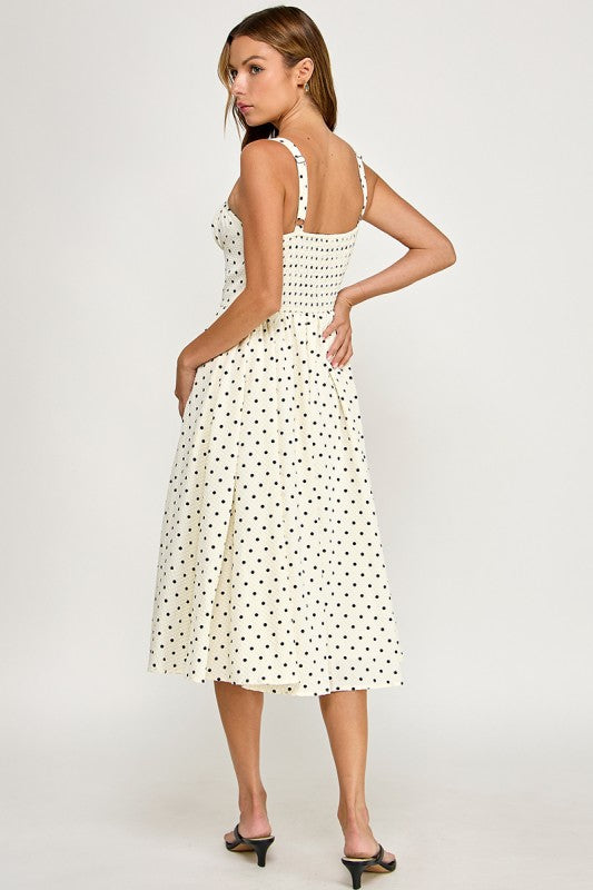 D5898S Poka Dot Smocked Midi Dress