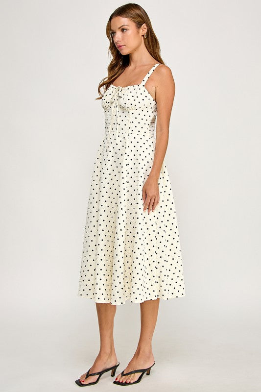 D5898S Poka Dot Smocked Midi Dress