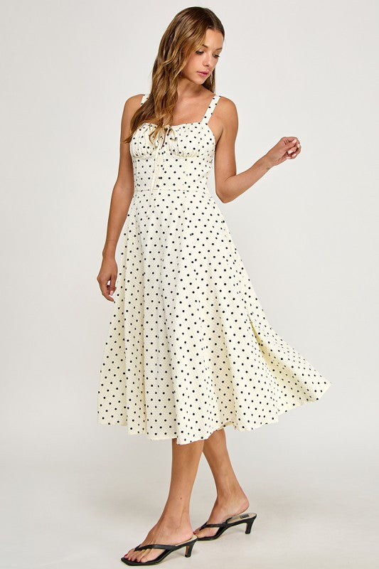 D5898S Poka Dot Smocked Midi Dress