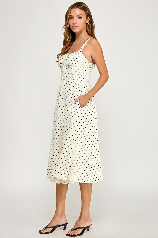 D5898S Poka Dot Smocked Midi Dress