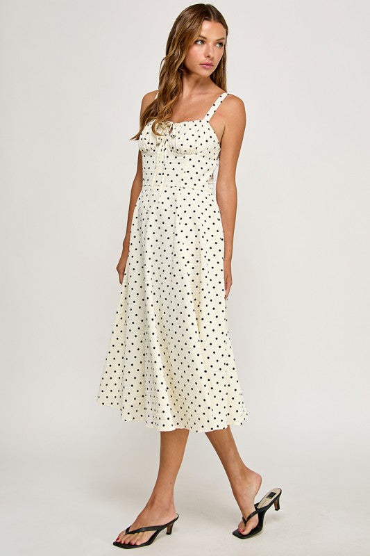 D5898S Poka Dot Smocked Midi Dress