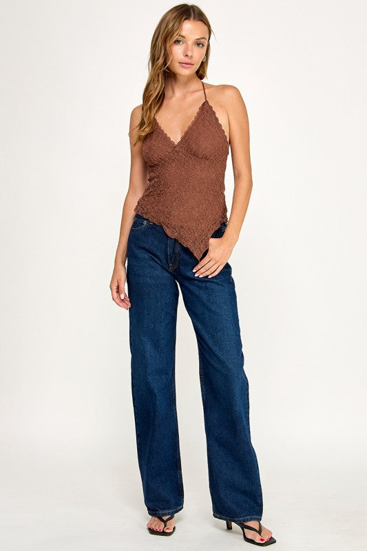 T5849Y Asymmetrical Lace Halter Cami Top