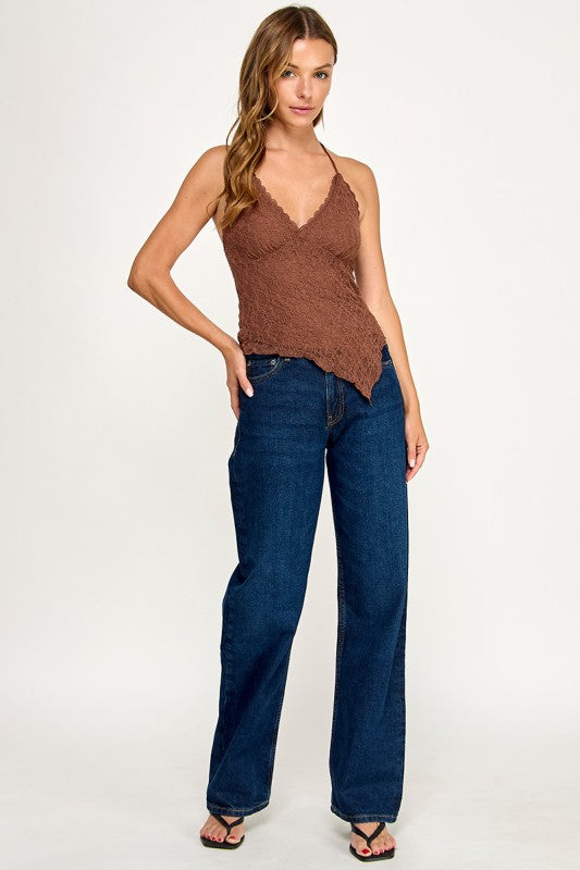 T5849Y Asymmetrical Lace Halter Cami Top