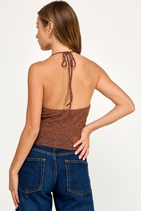 T5849Y Asymmetrical Lace Halter Cami Top