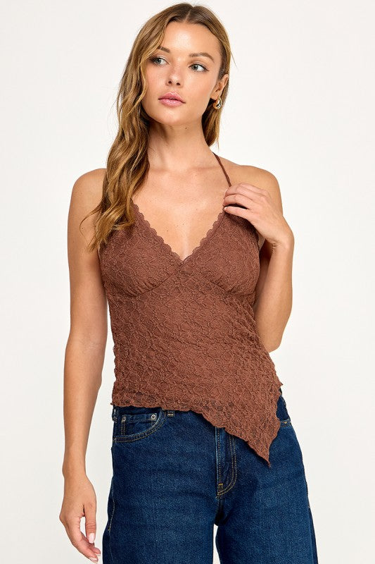 T5849Y Asymmetrical Lace Halter Cami Top