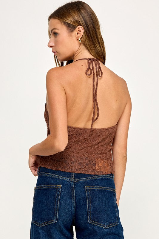 T5849Y Asymmetrical Lace Halter Cami Top
