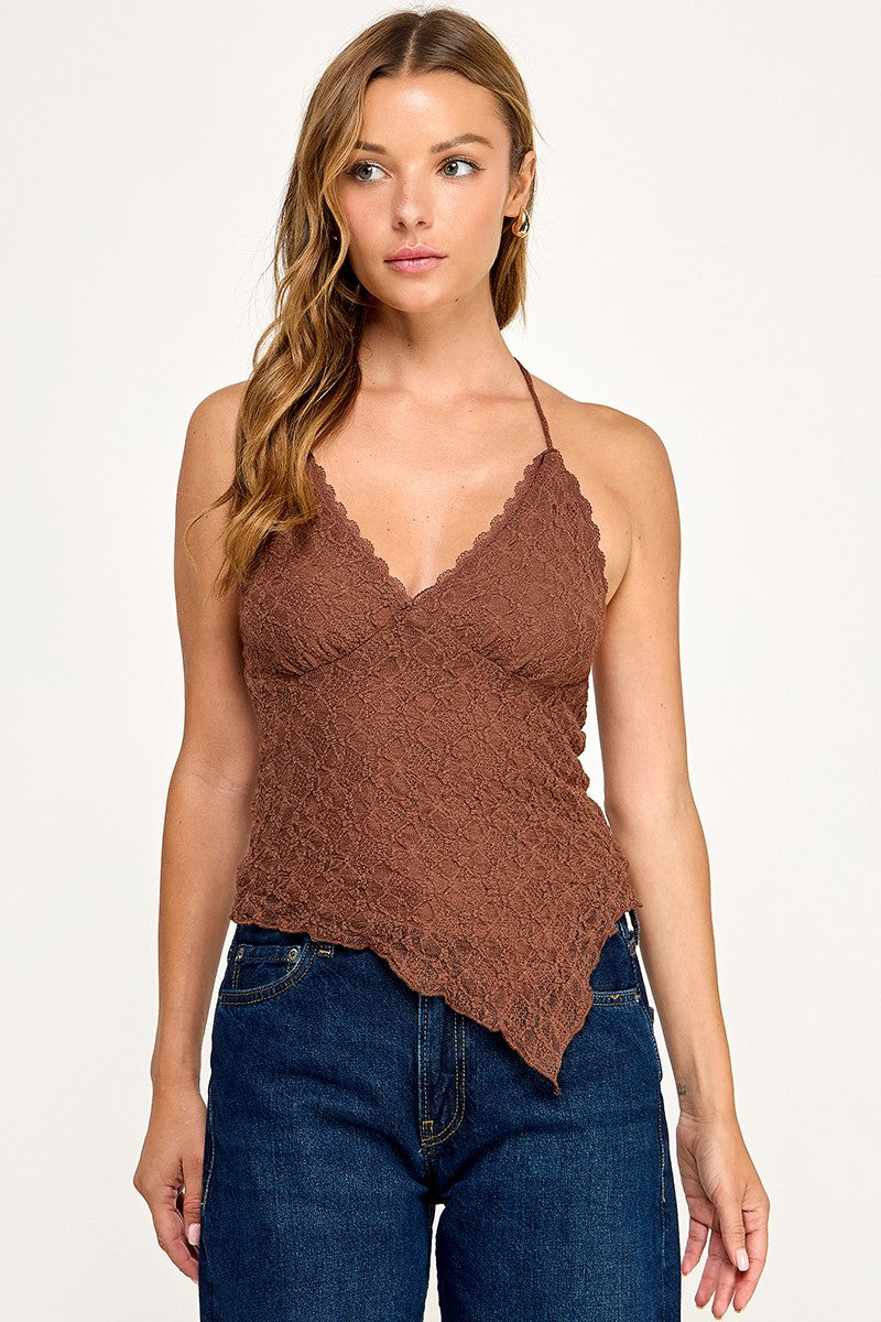 T5849Y Asymmetrical Lace Halter Cami Top