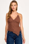 T5849Y Asymmetrical Lace Halter Cami Top
