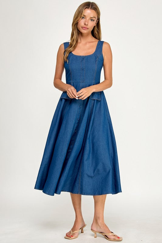D5846 Button-Front Denim Midi Overall Dress