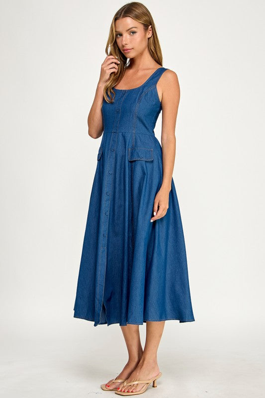 D5846 Button-Front Denim Midi Overall Dress