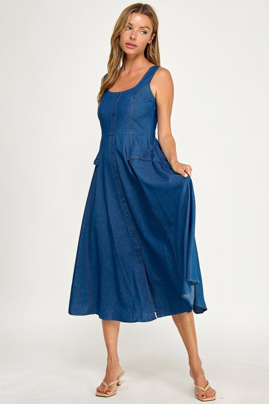 D5846 Button-Front Denim Midi Overall Dress