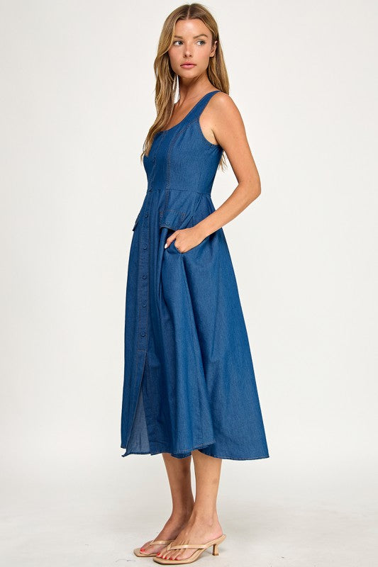 D5846 Button-Front Denim Midi Overall Dress