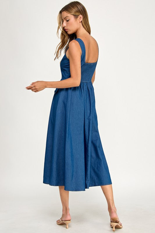 D5846 Button-Front Denim Midi Overall Dress