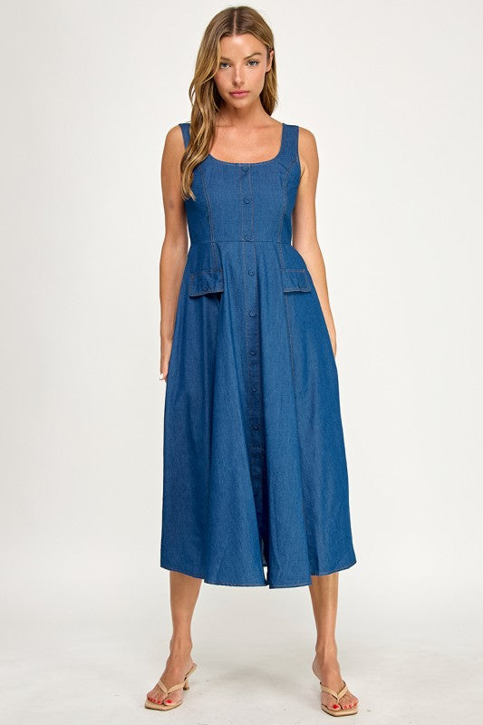 D5846 Button-Front Denim Midi Overall Dress