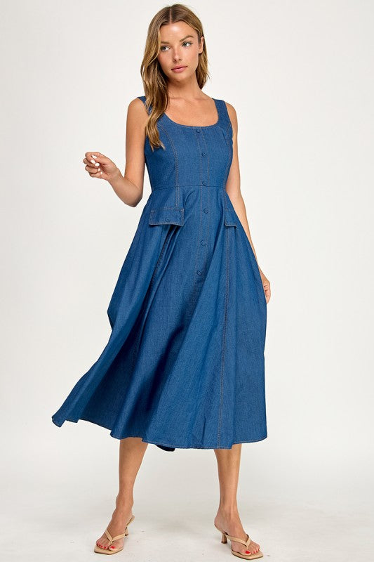 D5846 Button-Front Denim Midi Overall Dress