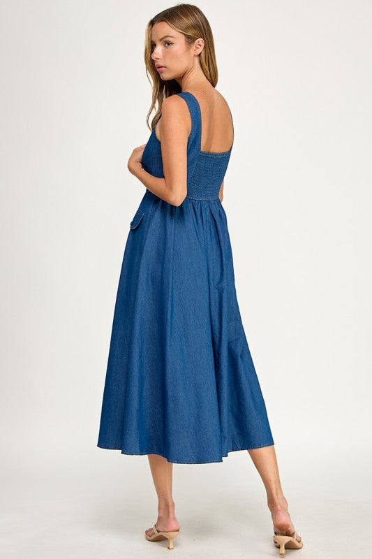D5846 Button-Front Denim Midi Overall Dress