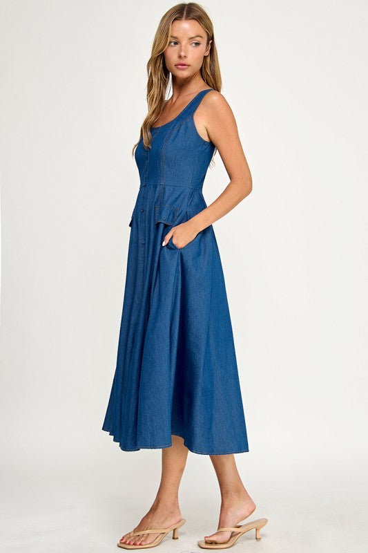D5846 Button-Front Denim Midi Overall Dress