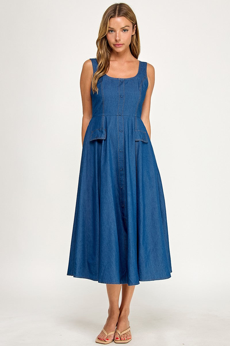 D5846 Button-Front Denim Midi Overall Dress