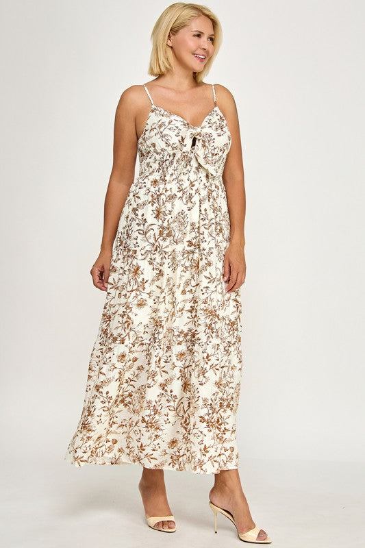 D5281X-3 Plus- Floral Tie-Front Maxi Dress with Smocked Waist