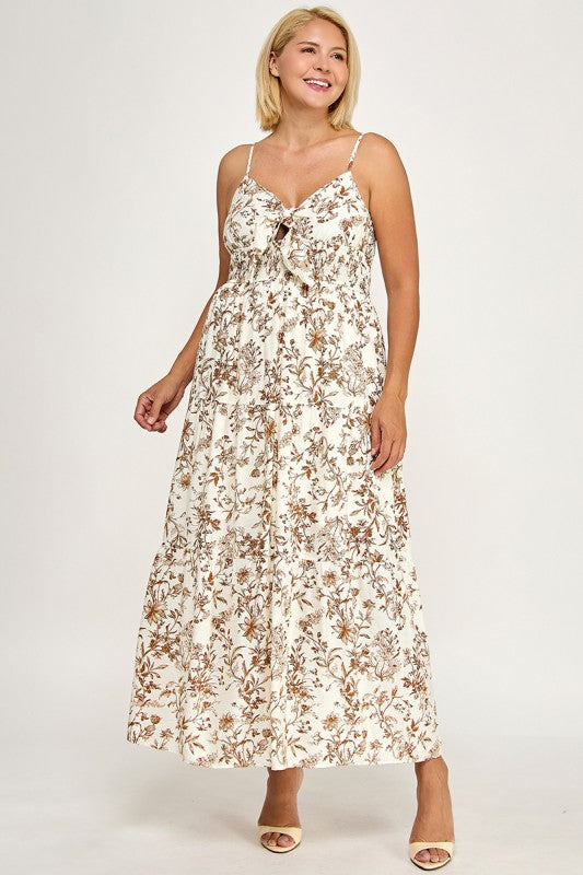 D5281X-3 Plus- Floral Tie-Front Maxi Dress with Smocked Waist