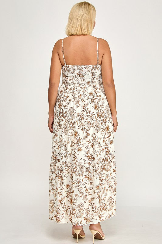 D5281X-3 Plus- Floral Tie-Front Maxi Dress with Smocked Waist