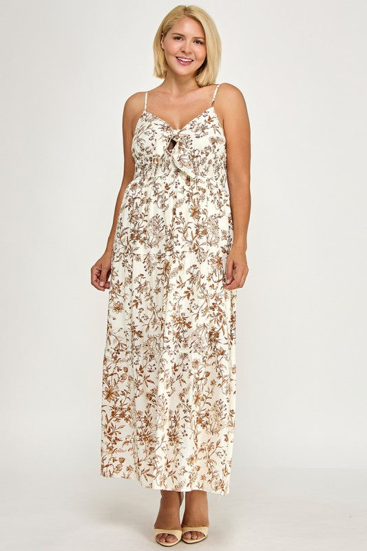 D5281X-3 Plus- Floral Tie-Front Maxi Dress with Smocked Waist