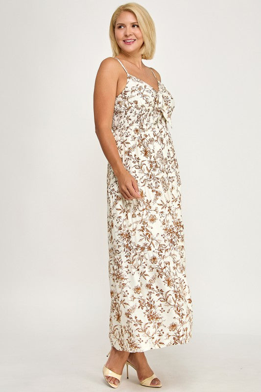 D5281X-3 Plus- Floral Tie-Front Maxi Dress with Smocked Waist