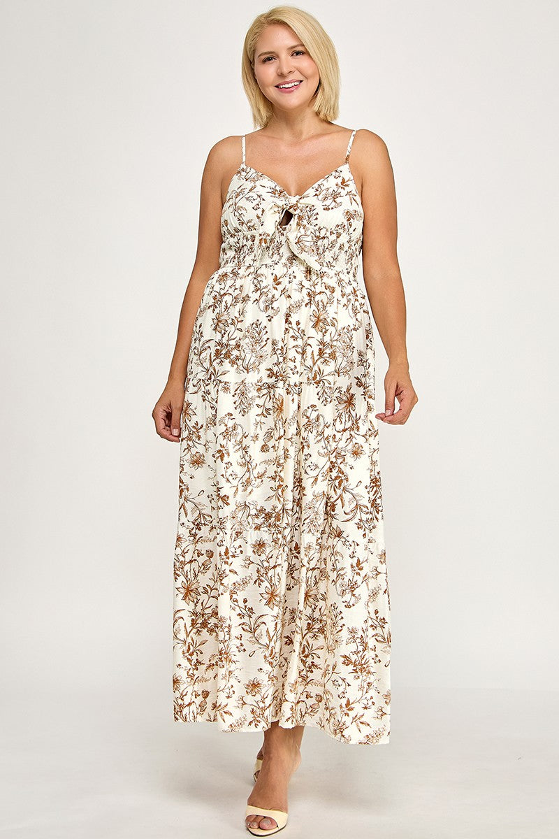D5281X-3 Plus- Floral Tie-Front Maxi Dress with Smocked Waist