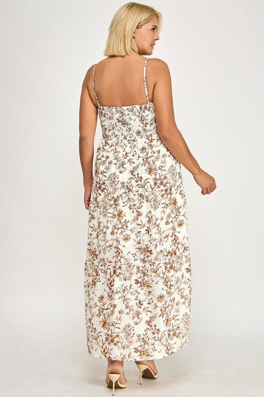 D5281X-3 Plus- Floral Tie-Front Maxi Dress with Smocked Waist