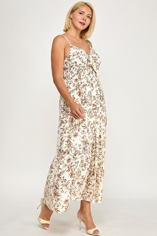 D5281X-3 Plus- Floral Tie-Front Maxi Dress with Smocked Waist