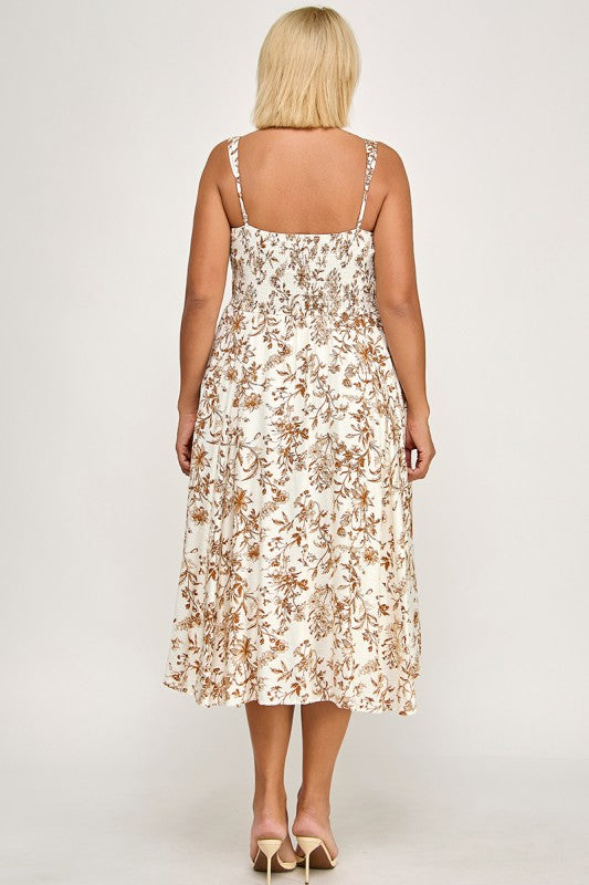 D5520X-1 Plus-Size Floral Square-Neck Midi Dress with Pockets
