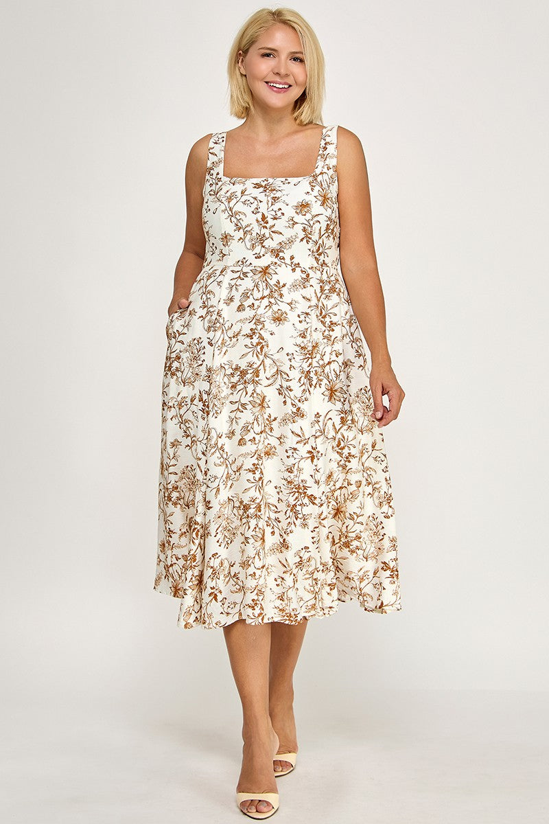 D5520X-1 Plus-Size Floral Square-Neck Midi Dress with Pockets