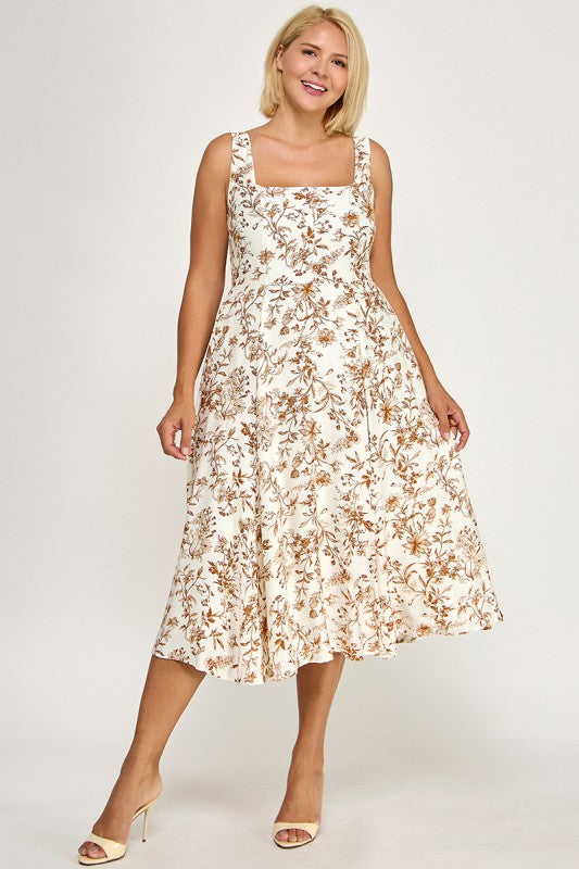 D5520X-1 Plus-Size Floral Square-Neck Midi Dress with Pockets