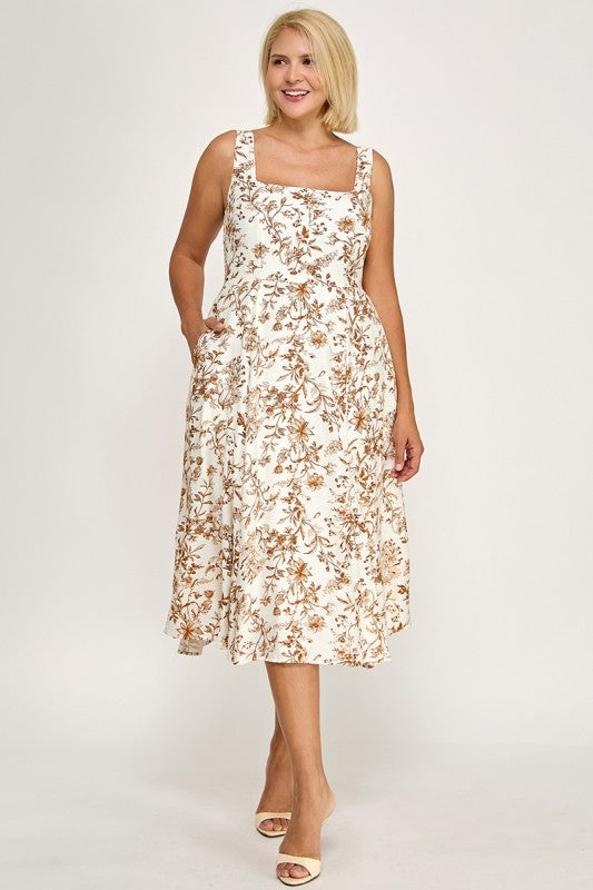 D5520X-1 Plus-Size Floral Square-Neck Midi Dress with Pockets