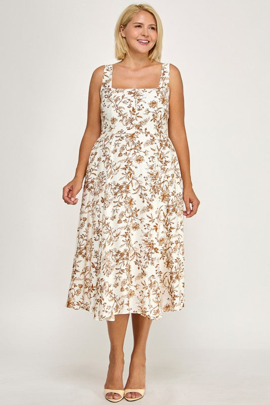 D5520X-1 Plus-Size Floral Square-Neck Midi Dress with Pockets