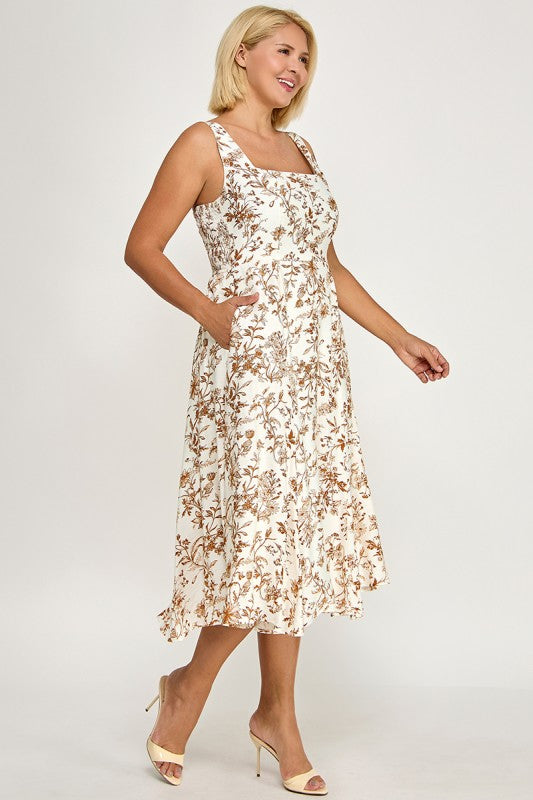 D5520X-1 Plus-Size Floral Square-Neck Midi Dress with Pockets