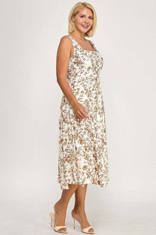 D5520X-1 Plus-Size Floral Square-Neck Midi Dress with Pockets