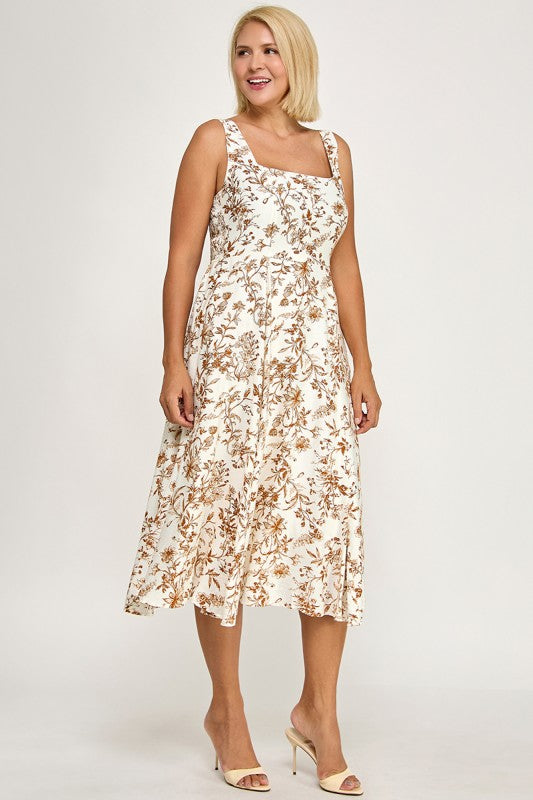 D5520X-1 Plus-Size Floral Square-Neck Midi Dress with Pockets