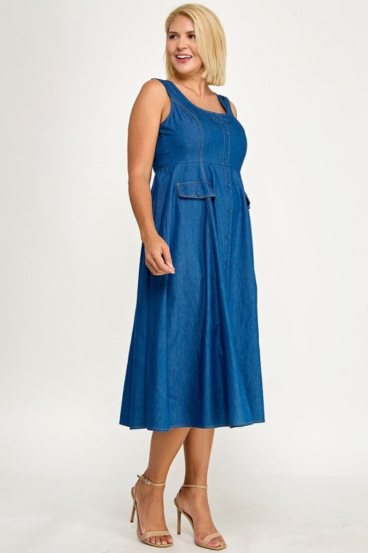 D5846X Plus Button-Front Denim Midi Overall Dress