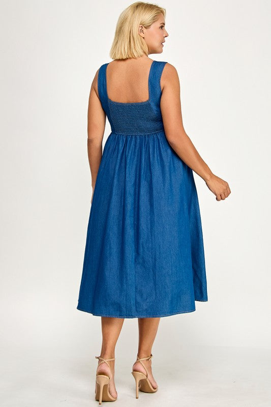 D5846X Plus Button-Front Denim Midi Overall Dress