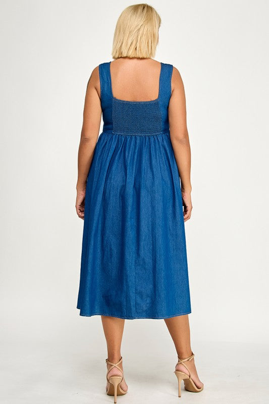 D5846X Plus Button-Front Denim Midi Overall Dress