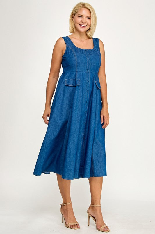 D5846X Plus Button-Front Denim Midi Overall Dress