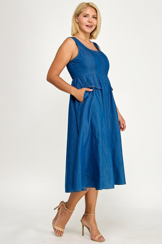 D5846X Plus Button-Front Denim Midi Overall Dress