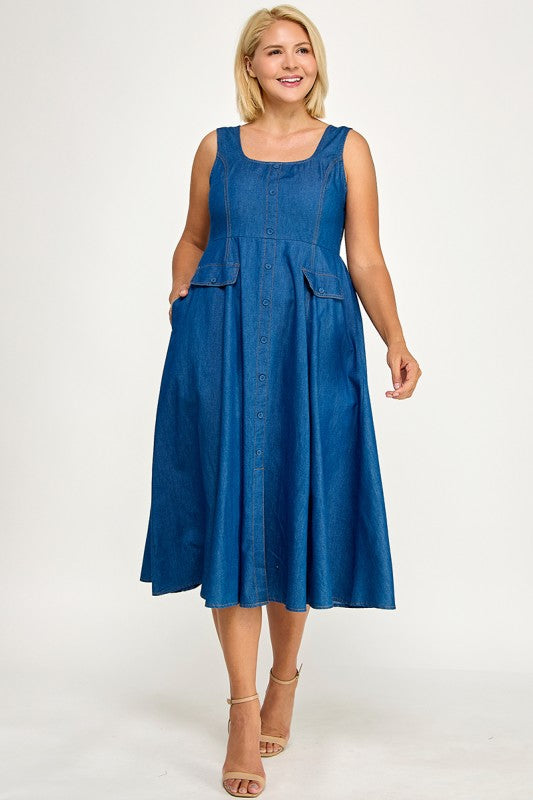 D5846X Plus Button-Front Denim Midi Overall Dress