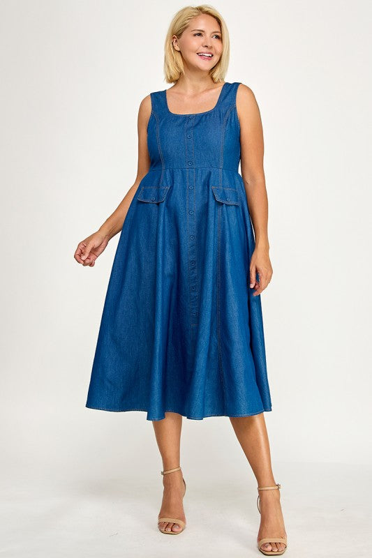 D5846X Plus Button-Front Denim Midi Overall Dress